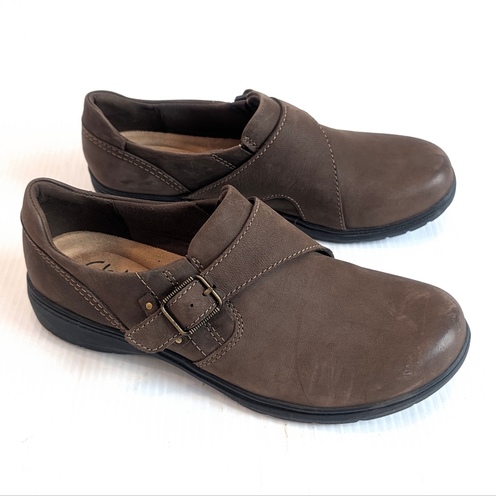 CLARKS Women's Brown Casual Slip-on Loafers Shoes With Buckle Strap Size 9